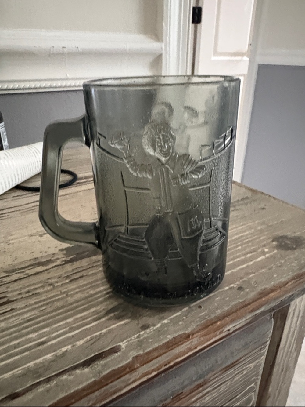 McDonald's Gray Embossed Clown Glass Mug